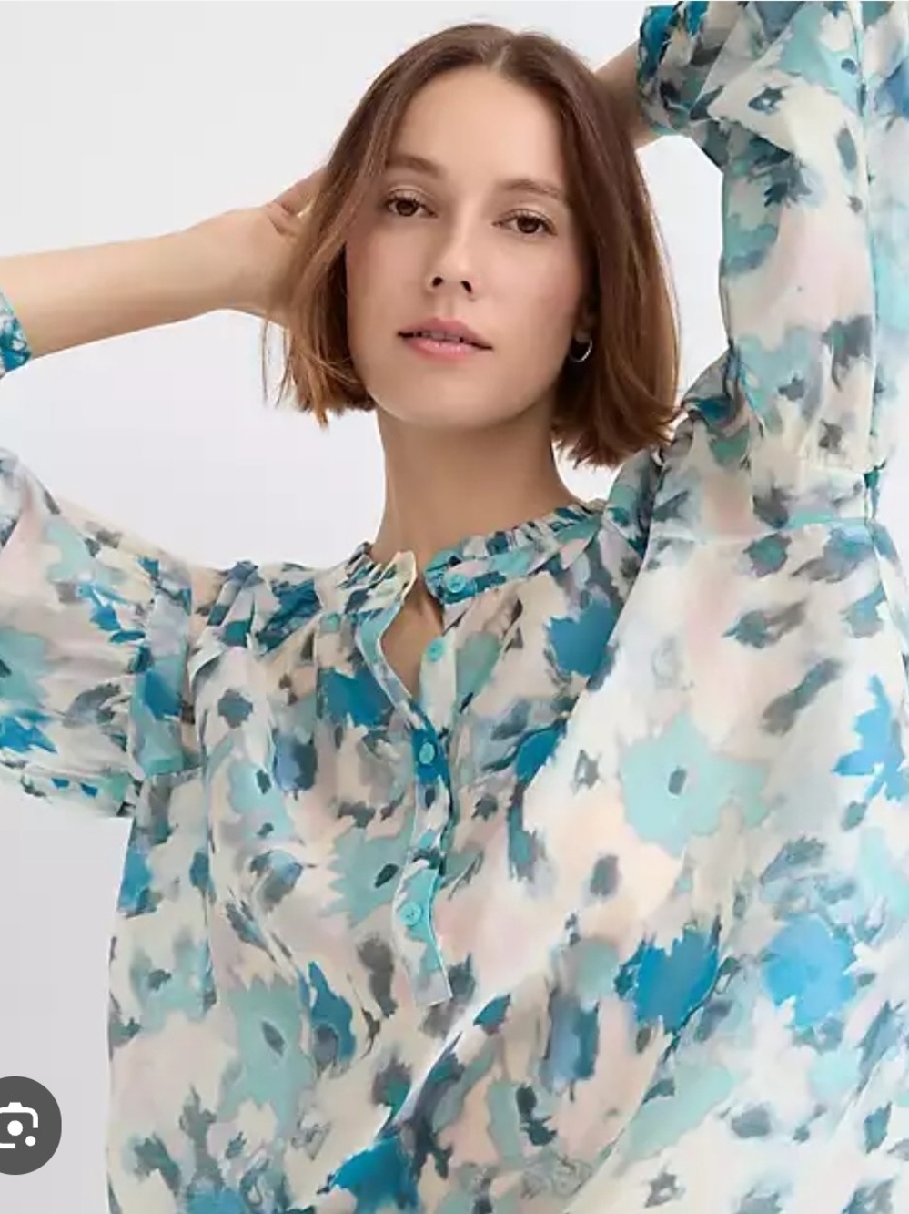 Loft Floral Draped Sleeve Henley Shirt Blouse Size M